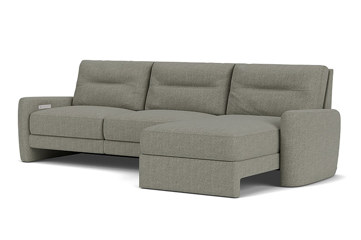 A beige modular sectional sofa with wrapped arms and tucked back legs, featuring a reclining mechanism.