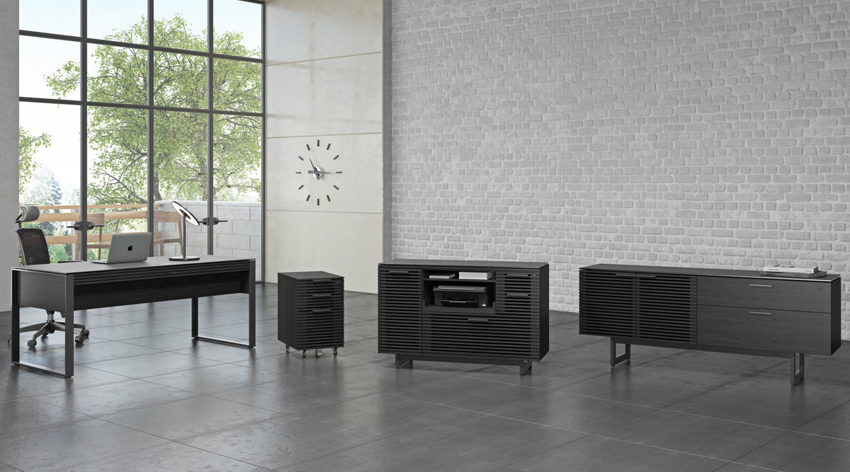 BDI Corridor Office Credenza - 70" Walnut Storage Cabinet With Locking File Drawer & Glass Top