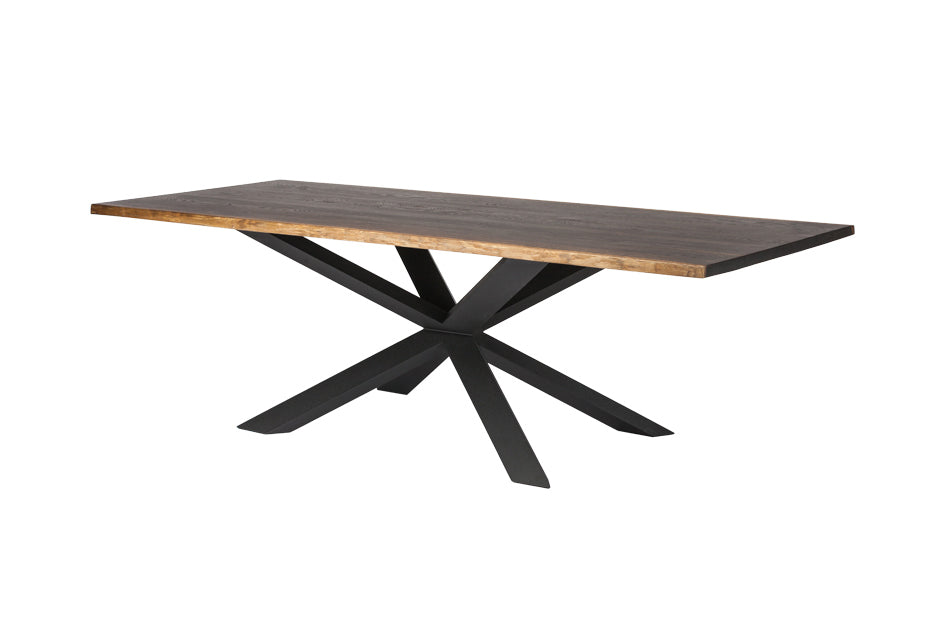 A rectangular dining table with a blackened steel frame and a wooden top.