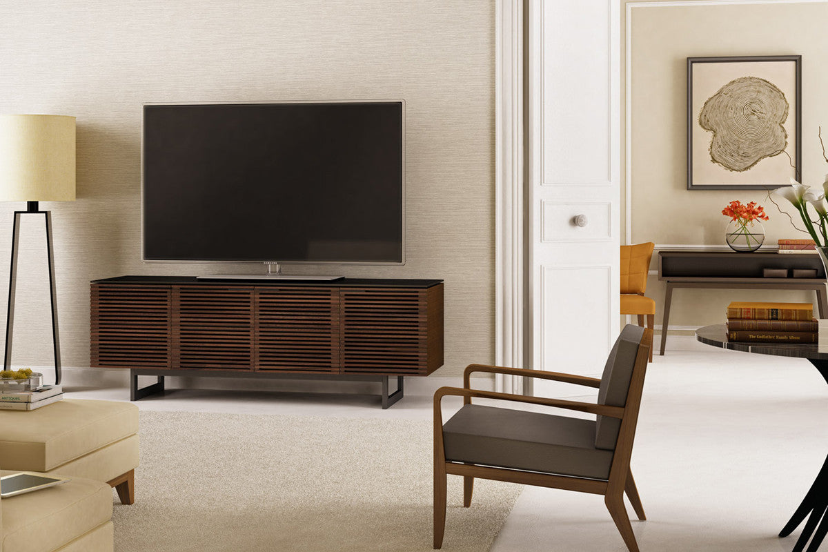 Corridor 8179 Media Console – Walnut, Glass Top & Low Leg Option