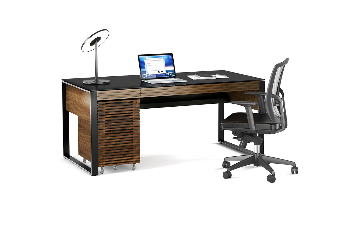 BDI Corridor Office Credenza - 70" Walnut Storage Cabinet With Locking File Drawer & Glass Top